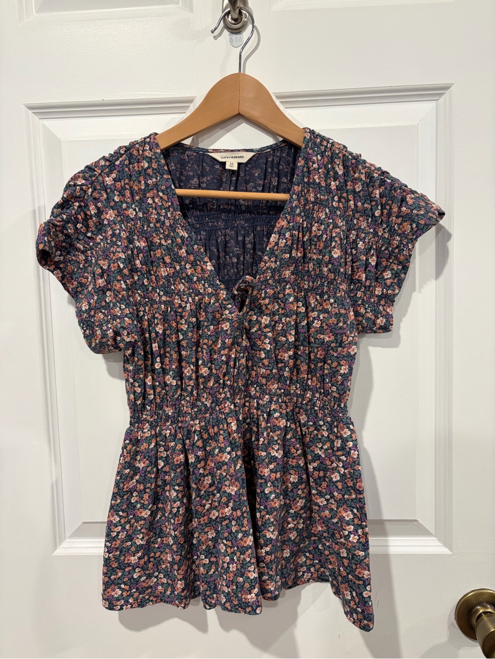 Lucky Brand Navy Floral V-Neck Smocked Peplum Top with Pink and Cream Blossoms